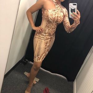 One sleeve rose gold cocktail dress